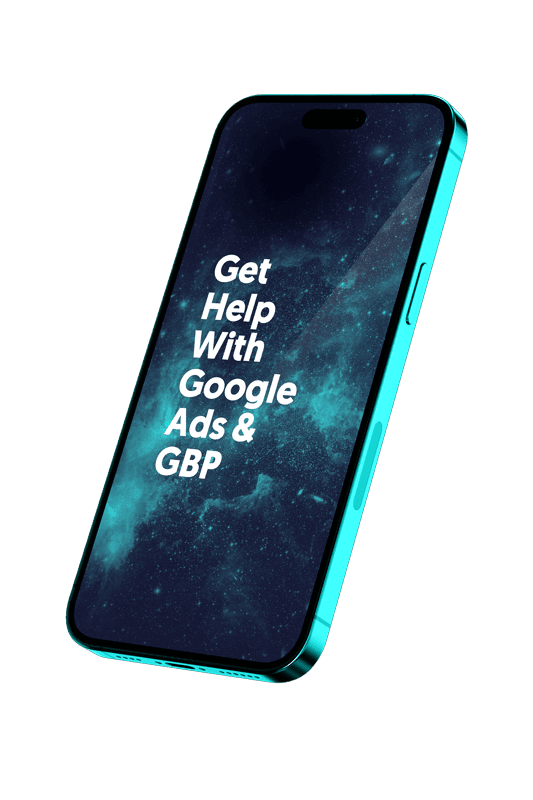 Angular smartphone mockup that says "Get help with Google Ads and GBP