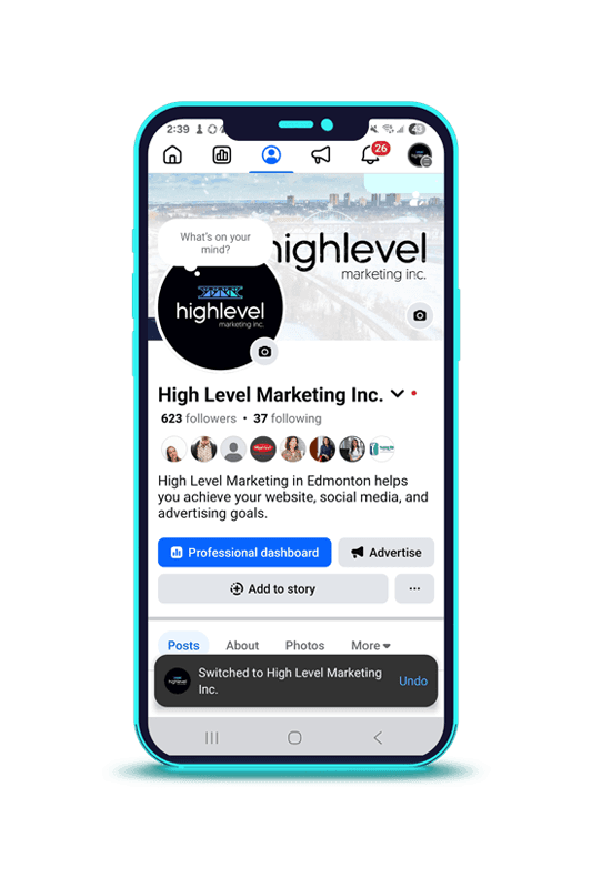 smartphone mockup with High Level Marketing's Facebook page on it.