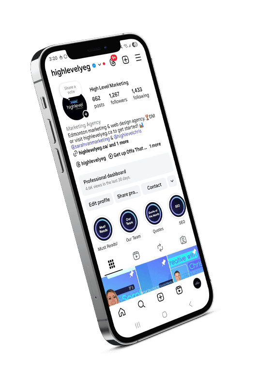 smartphone mockup with High Level Marketing's Instagram page on it