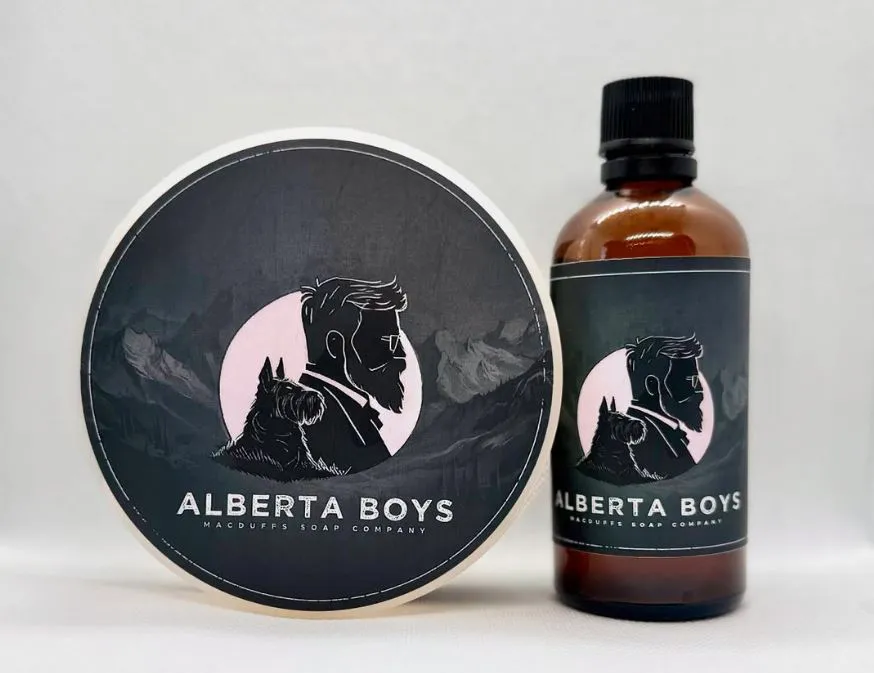 product photo of "alberta boys" artisan shave soap and aftershave